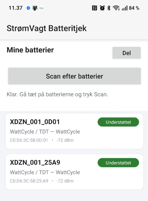 Skærmbillede af StrømVagt Batteritjek-appen, der viser fundne batterier markeret som understøttet